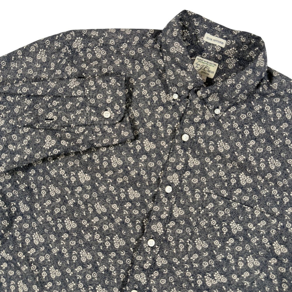 J.Crew Shirt Slim Untucked Secret Wash Floral Navy Blue Mens Large AU463 Stretch